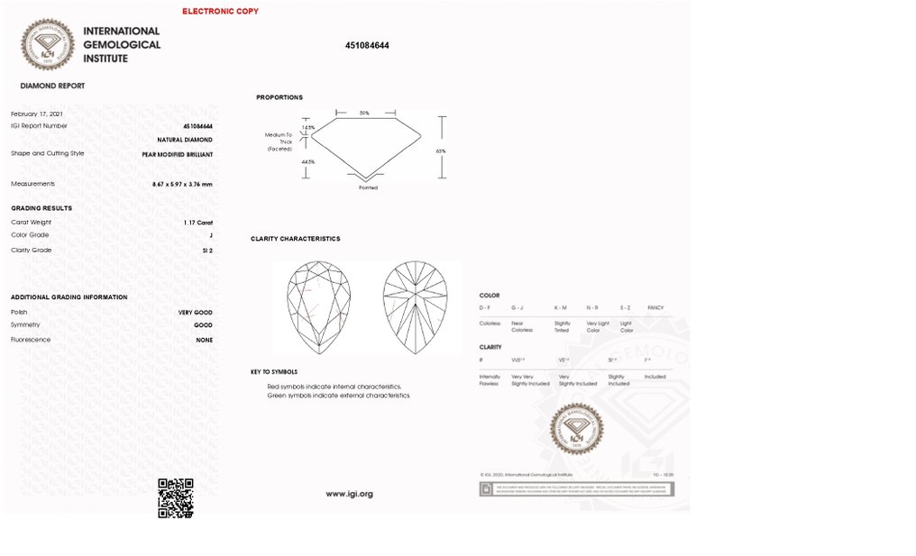 1 pcs Diamond  (Natural)  - 1.17 ct - Pear - J - SI2 - International Gemological Institute (IGI) - IYD030 #3.2