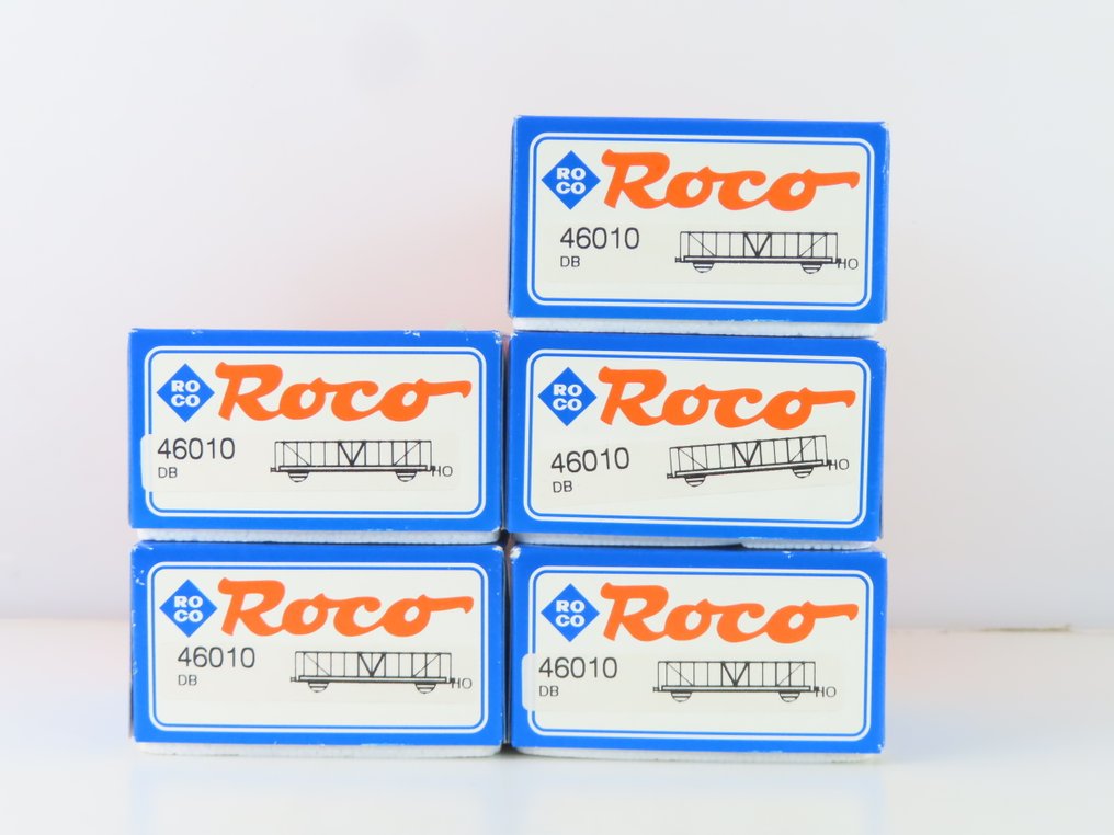 Roco H0 - 46010 - Modellbahn-Güterwagen (5) - 5 mal 2-achsige hohe offene Auflieger - DB #4.3