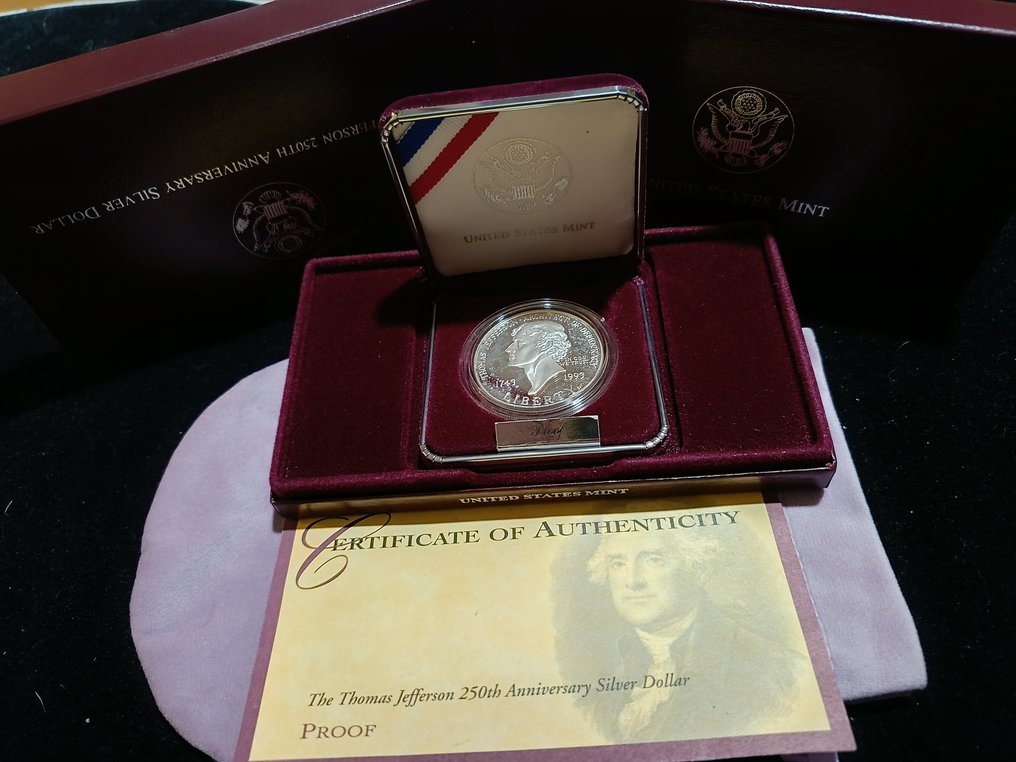 Verenigde Staten. 1 Dollar 1993 " Thomas Jefferson 250 Th Anniversary" 1 Coin Silver Proof  (Zonder minimumprijs) #1.0