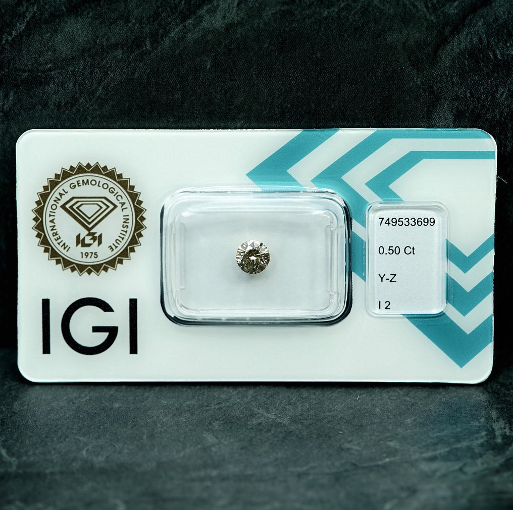 没有保留价 - 1 pcs 钻石 (天然色彩的) - 0.50 ct - 圆形 - Light 稍帶棕色的 黄色 - I2 内含二级 - 国际宝石研究院(IGI) #2.1