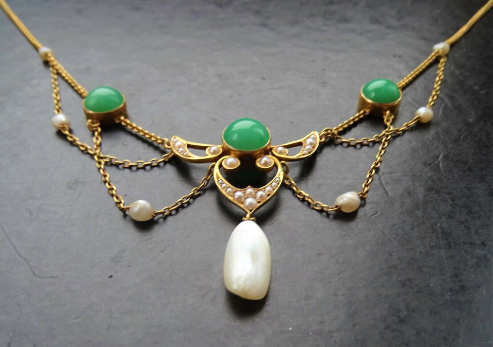 没有保留价 - 项链 - 14K包金 黄金 玉 - 珍珠 - Jugendstil Krementz 美国 #1.0