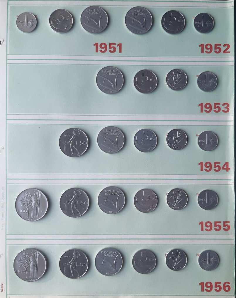 Italia, Republikken 6 Serie complete monete dal 1951 al 1956 con tutte le Rarità. inclusa 5 Lire 1956 (Molto Rara), la 50 Lire 1954 e la 100 Lire 1956 in ottima conservazione.  (Ingen reservasjonspris) #1.0