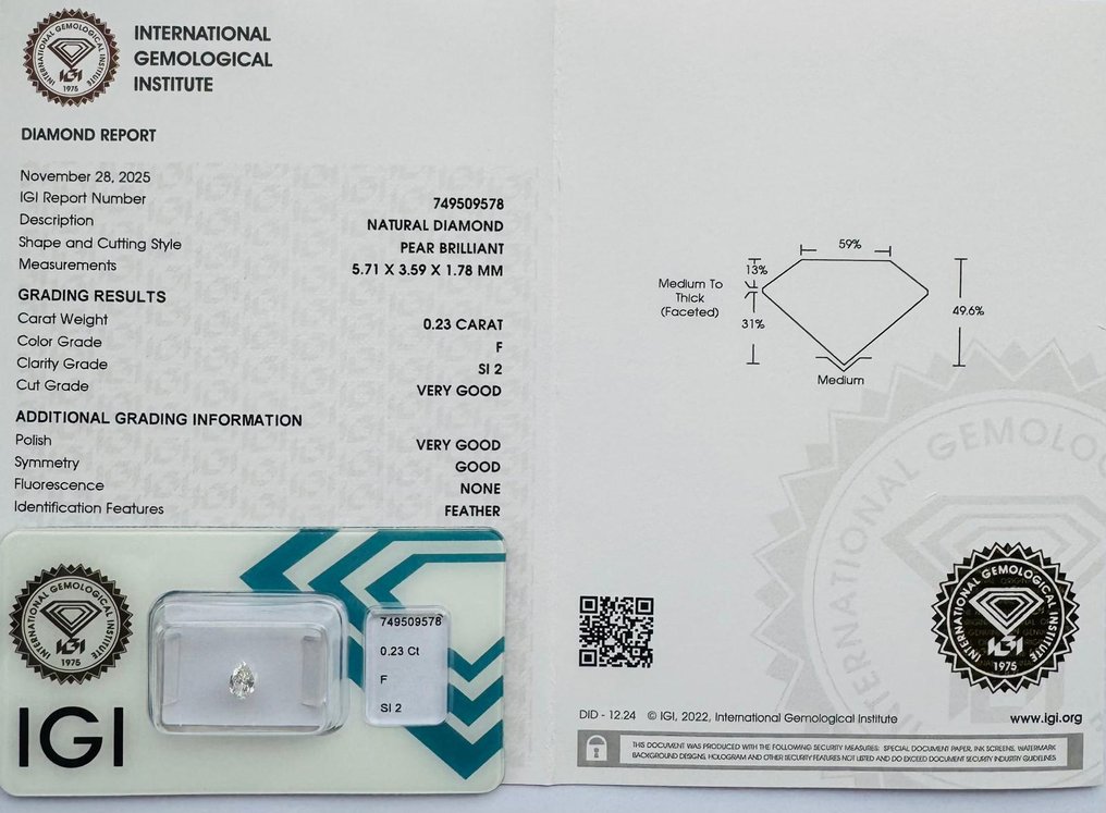 Fără preț de rezervă - 1 pcs Diamant (Natural) - 0.23 ct - Pară - F - SI2 - IGI (Institutul gemologic internațional) #2.1