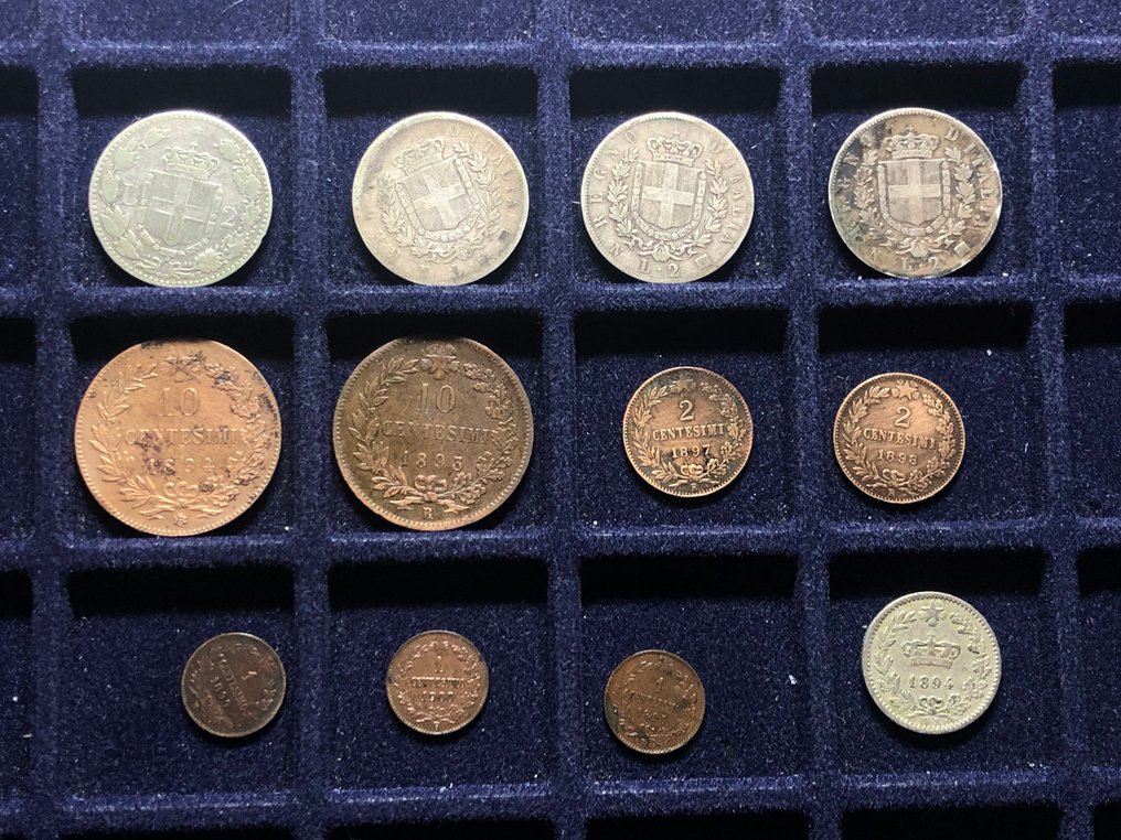 Italia, Regno Umberto I. Vittorio Emanuele II - Lotto 2 Lire Argento e Centesimi del Regno (totale 12 monete ) (Senza prezzo di riserva) #1.0