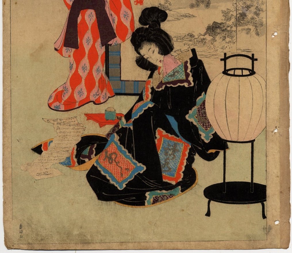 妓女:源奈时代的女性,来自《三十六雅选》系列 - 紙 - Mizuno Toshikata (1866-1908) - 日本 - 明治時期(1868-1912) #2.1