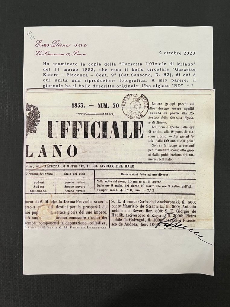意大利古國－帕爾馬 1853 - 皮亚琴察第九版国际公报公告，刊登于米兰官方公报。 - Catalogo Sassone N. B2 #2.1