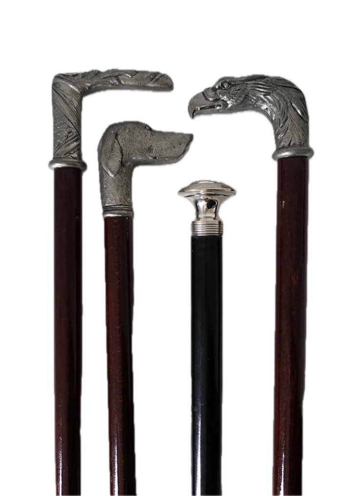 4 Stuks Bastone da passeggio - Argento, Legno, Metallo, Placcato argento #1.0