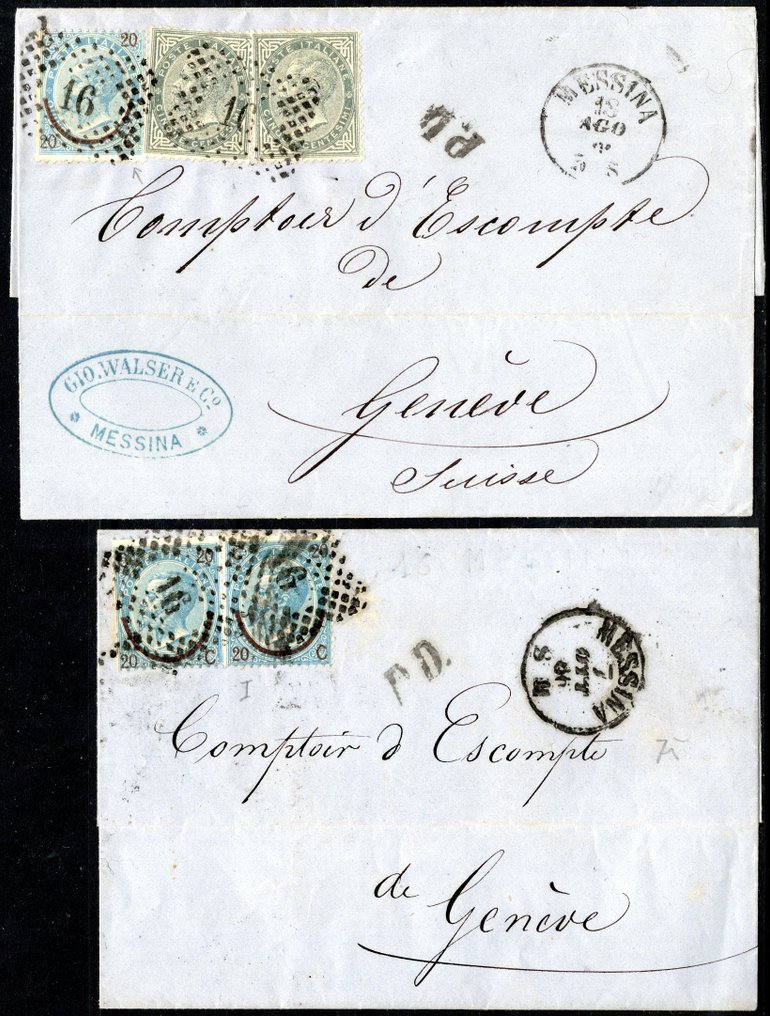 Olasz Királyság 1865 - Két szép levél küldése Messinából Ginevrába, mindkettőt pontokkal jelölt számmal törölték. - Sassone n. L16+23 #1.0