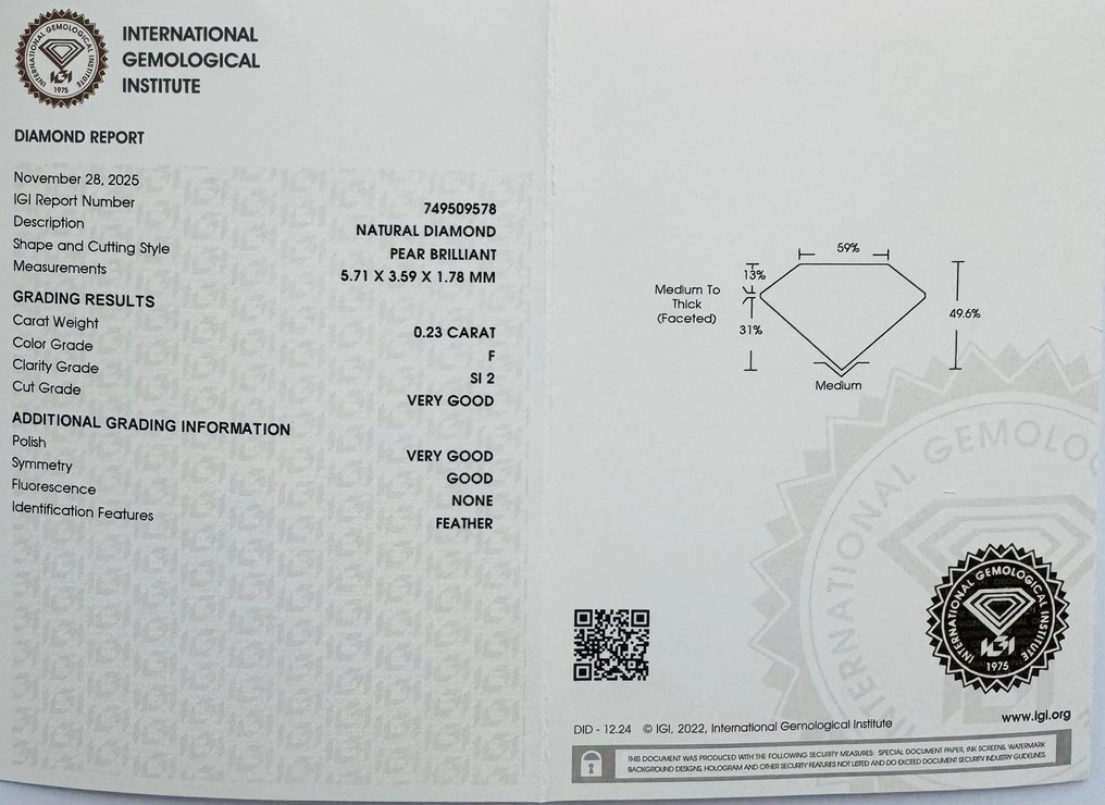 Fără preț de rezervă - 1 pcs Diamant (Natural) - 0.23 ct - Pară - F - SI2 - IGI (Institutul gemologic internațional) #3.2
