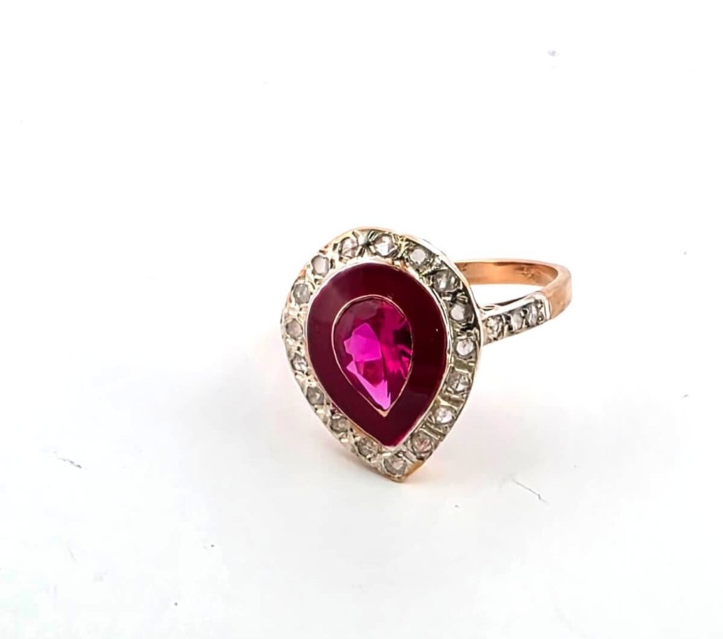 Fără preț de rezervă - Inel - 9 kt. Aur roz, Argint Rubin - Diamant #4.3