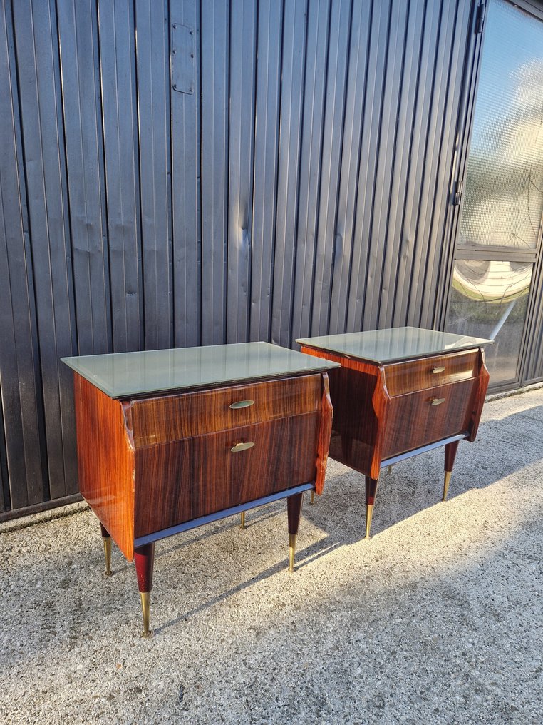 Centre de table - Bois, Laiton, Verre - Paire de tables de nuit vintage #1.0