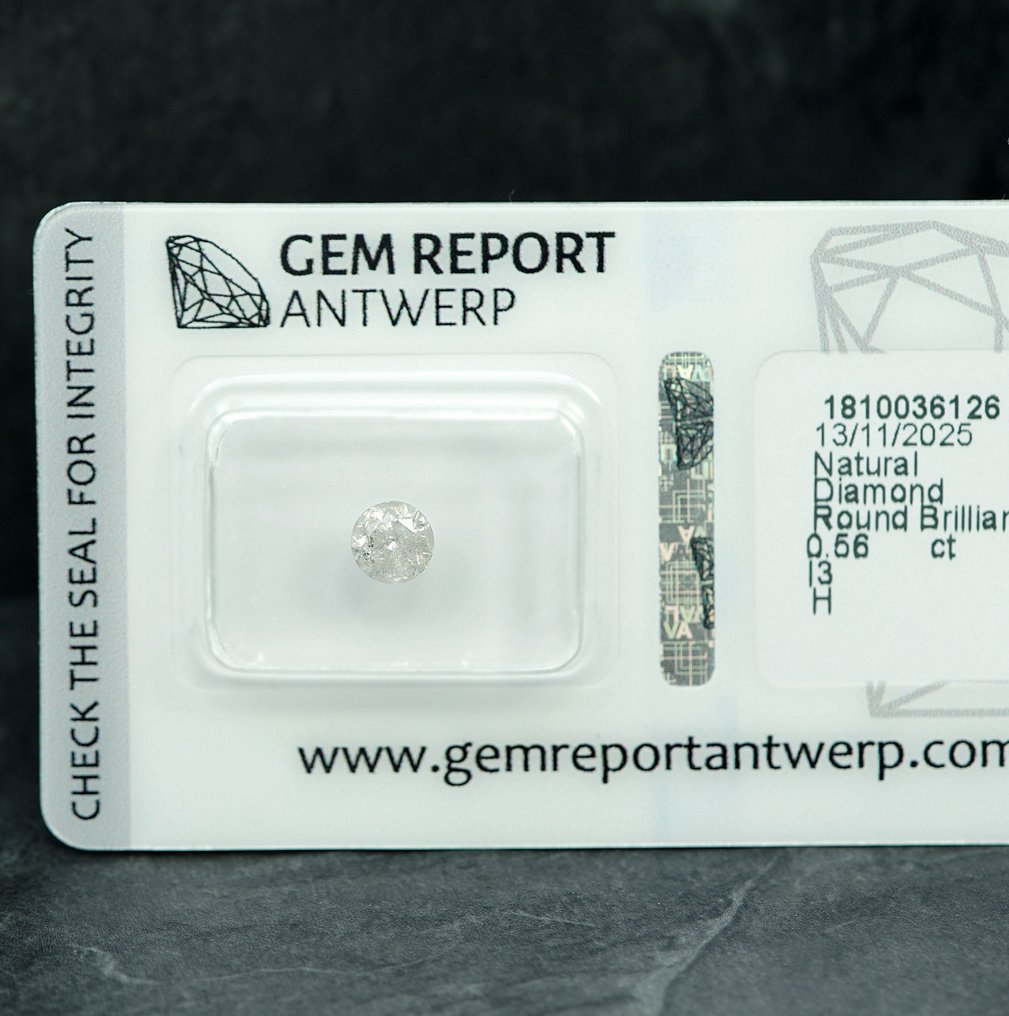 没有保留价 - 1 pcs 钻石 (天然) - 0.56 ct - 圆形 - H - I3 - 安特卫普宝石报告(GRA) #3.2
