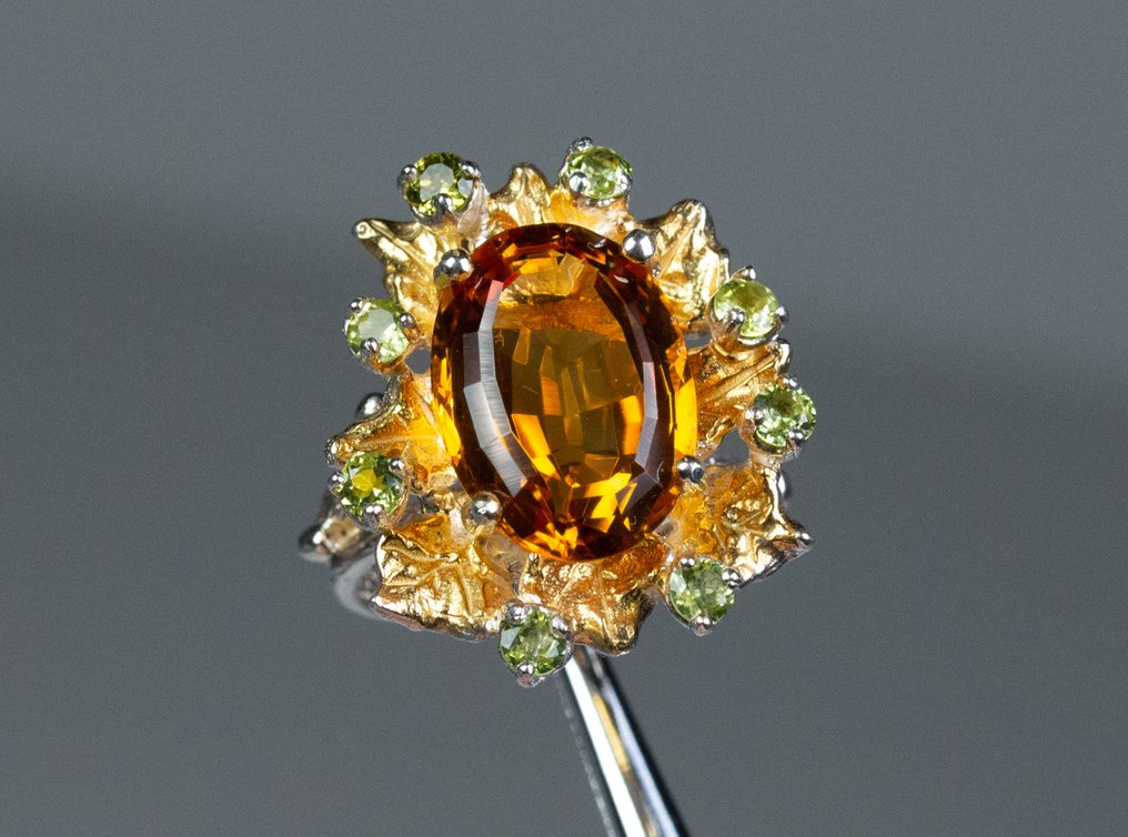 Zonder minimumprijs - Ring - 925 zilver - 7,50 ct citrien - 0,80 ct peridot #1.0