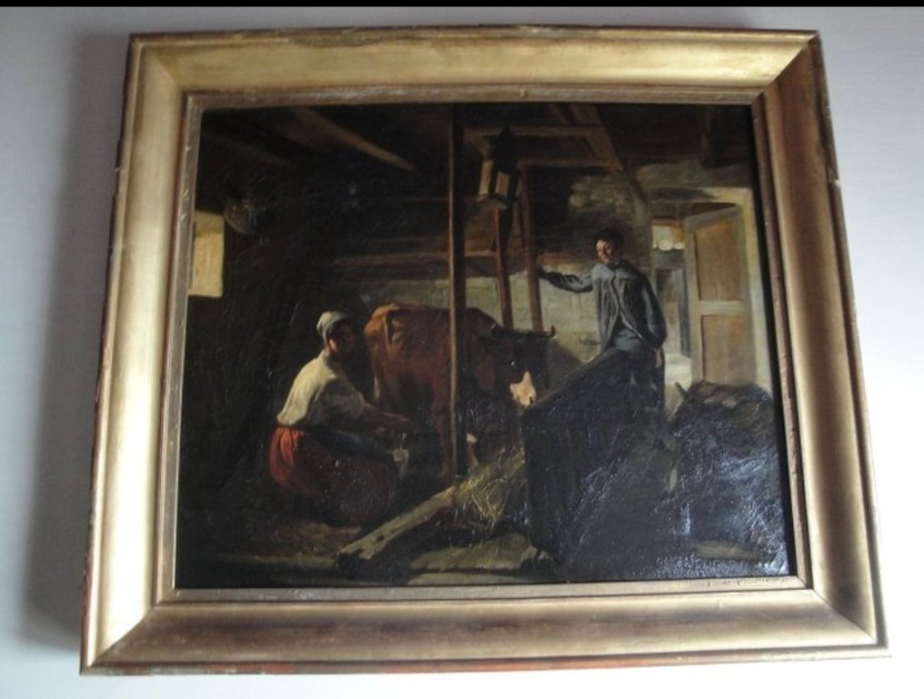 French school (XIX) - Scène de traite dans l'étable #1.0