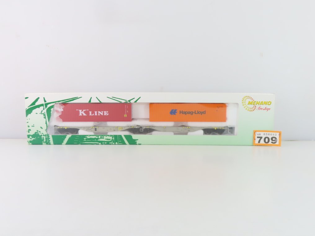 Mehano H0 - T284 - Model train freight carriage (1) - Six-axle container transport wagon with cargo and markings for 'Hapag Lloyd' and 'K-Line.' - Privaat, AAE #3.2