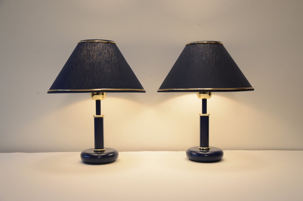 Επιτραπέζιο φωτιστικό (2) - Ζεύγος vintage μεταλλικών επιτραπέζιων/κομοδίνων λαμπών - Μέταλλο, Ορείχαλκος, Λινό #1.0