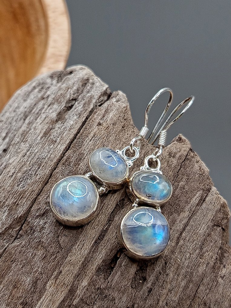 Pezzo Unico, coppia di Orecchini in Argento 925 con Pietra di Luna Top Quality-4.7 g - Altezza: 35 mm - Larghezza: 9 mm- 4.7 g - (1) #2.1