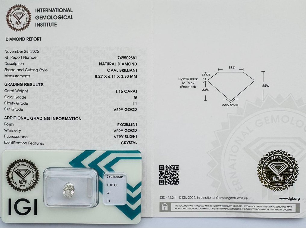 Ingen reservasjonspris - 1 pcs Diamant (Naturlig) - 1.16 ct - Oval - G - I1 - Det internasjonale gemologiske institutt (IGI) - *VG EX VSL* #2.1