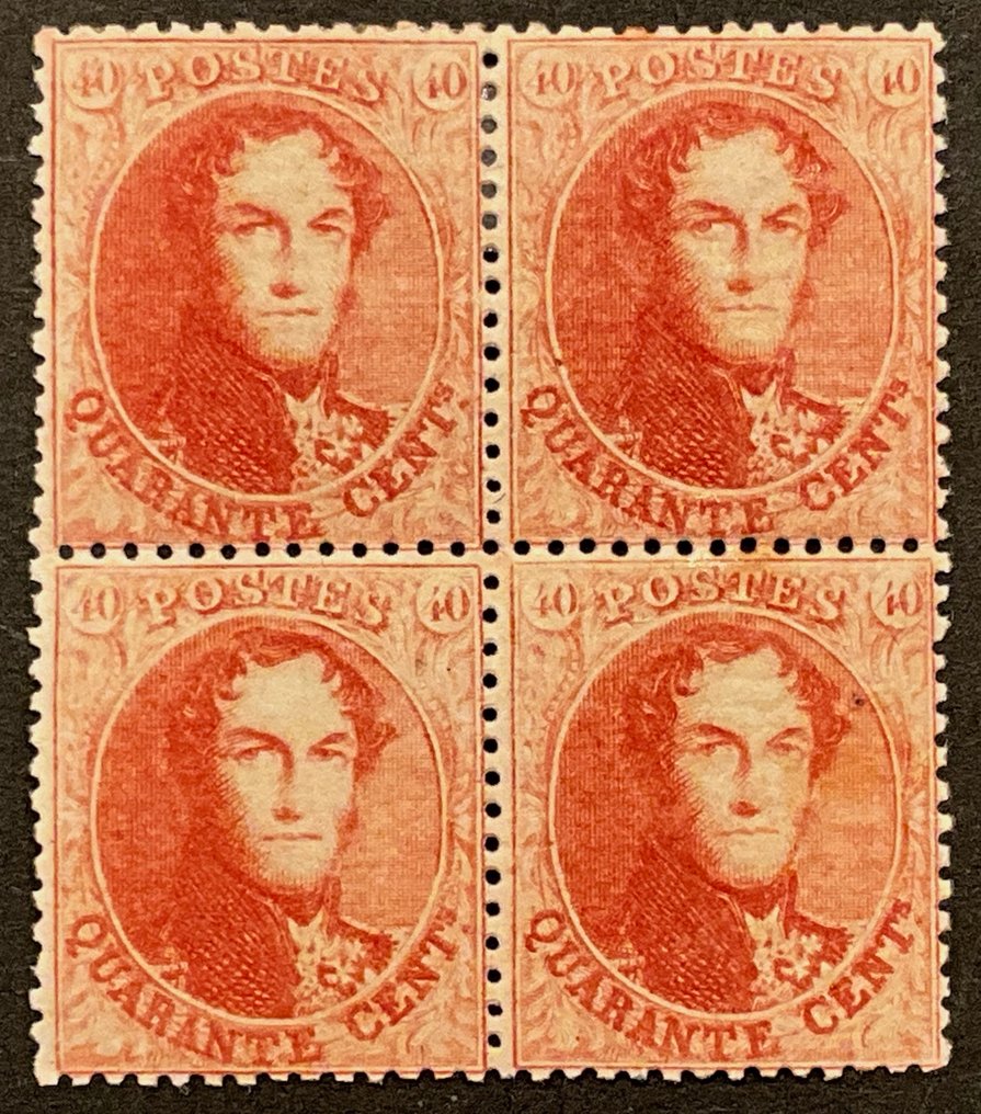 Belgien 1863 - Getande medaillon - 40c Karmijn - Tanding 14 1/2 x 14 1/2 - Blok af 4 - OBP 16B #1.0