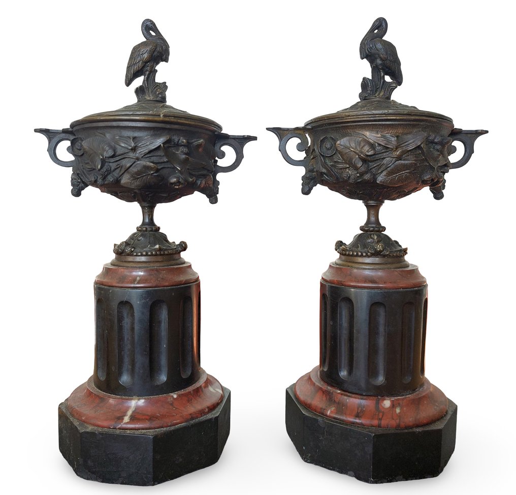 Cassolette - 黄铜色, 大理石 - 带盖和鹭鸟饰顶的杯子 #1.0