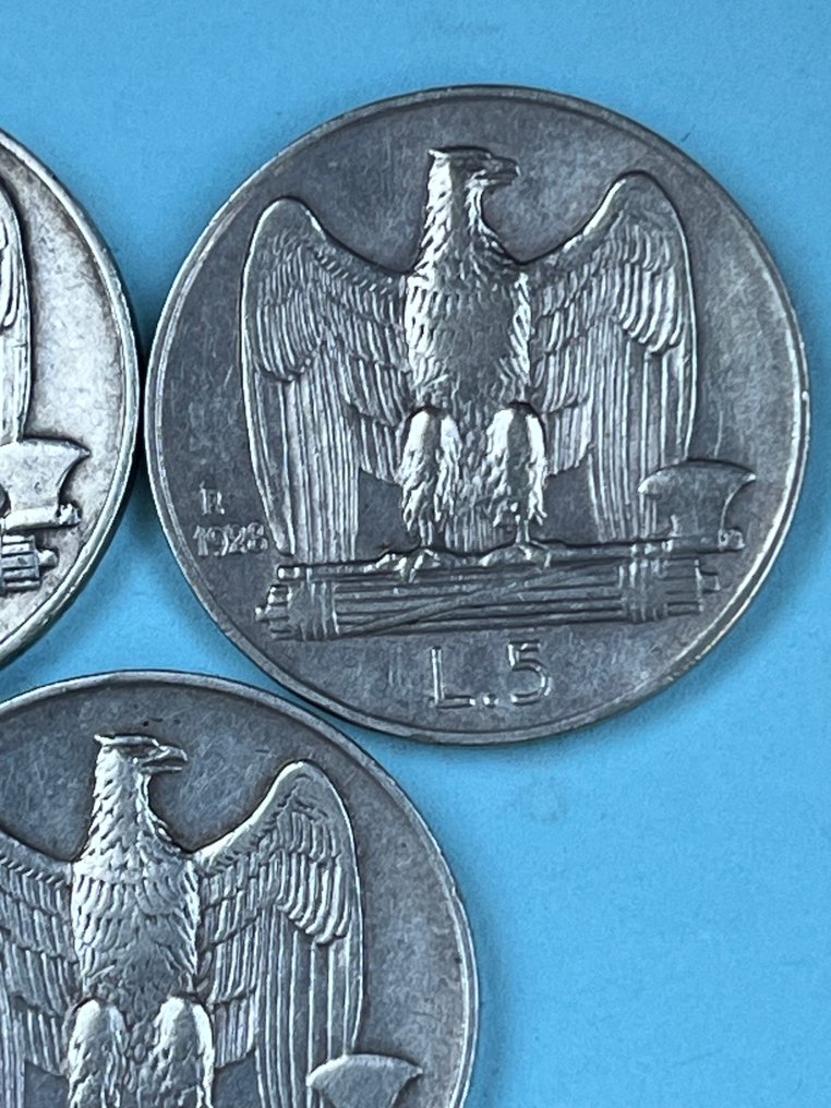 意大利， 王国 Vittorio Emanuele III. 5 Lire 1926-1930 (5 monete)  (没有保留价) #3.2