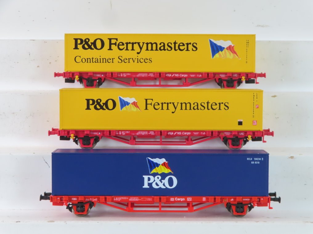 Piko H0 - 95649/57706/95648 - Machetă tren transport marfă (3) - 3x cărucior container cu 2 axe, cu inscripția „P&O Ferrymasters” și „P&O” - DB #1.0