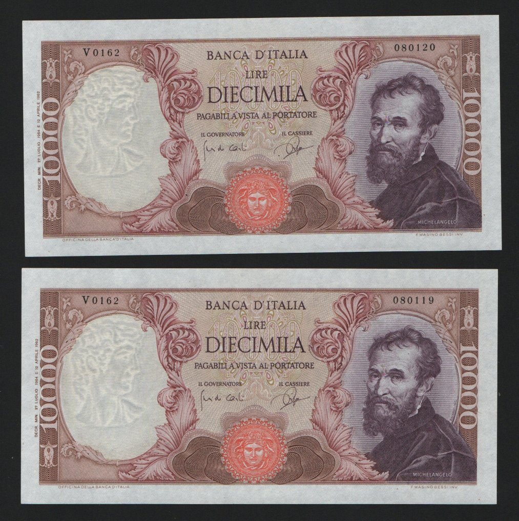 Italy. - 2 x 10.000 Lire 27/07/1964 "Michelangelo" - Gigante BI 74C; Pick 97 #1.0