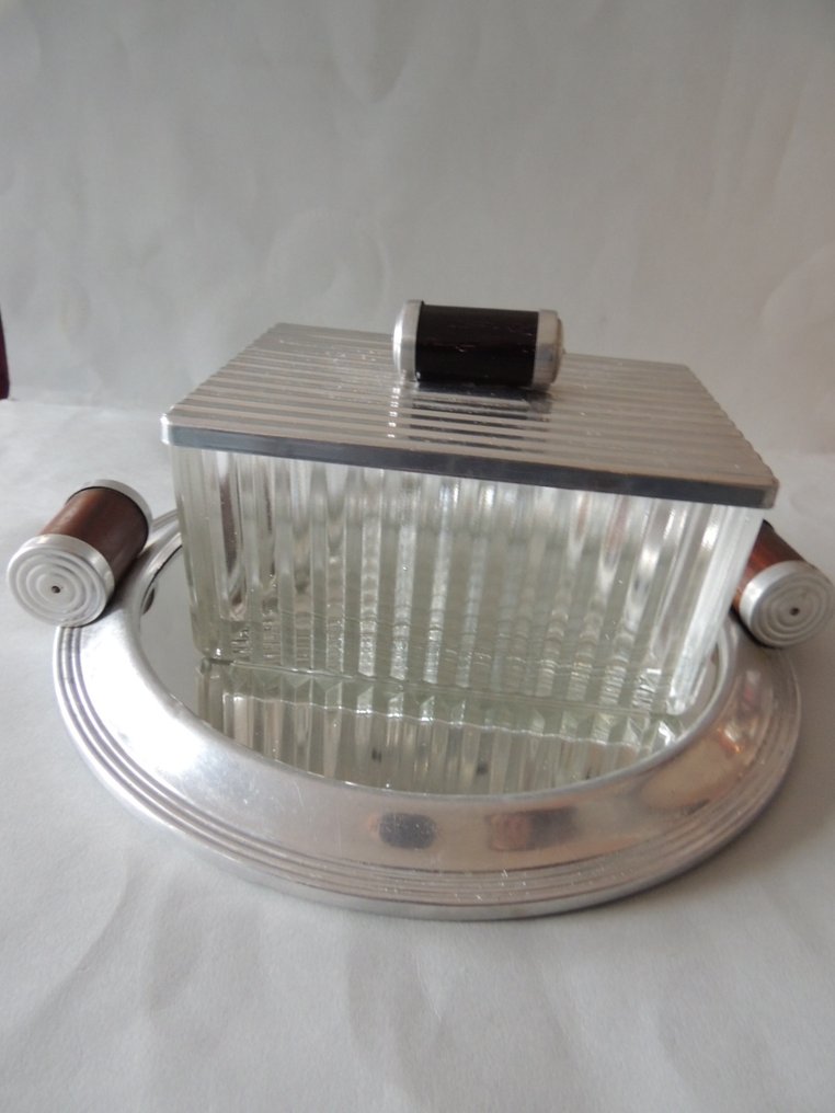 Biscuit box - Old and very pretty glass box for biscuits, candies, or sugar with thick glass and geometric Art #2.1