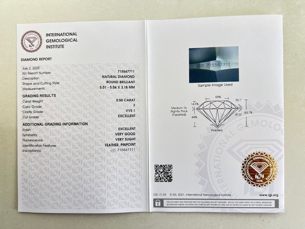 1 pcs Gyémánt (Természetes) - 0.50 ct - Kerek - F - VVS1 - Nemzetközi Gemmológiai Intézet (IGI) #2.1