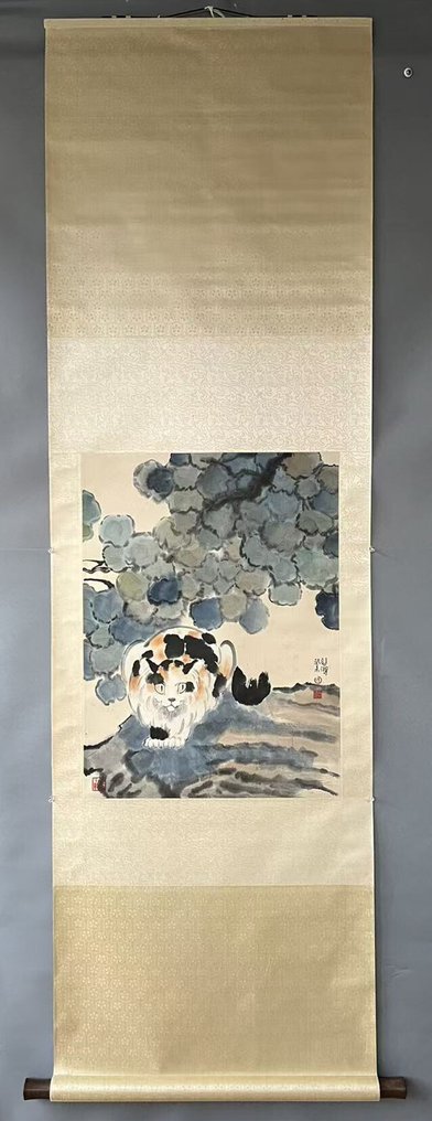 INK AND COLOR ON PAPER PAINTING"CAT"《猫石图》 - Attributed to - Kina #1.0