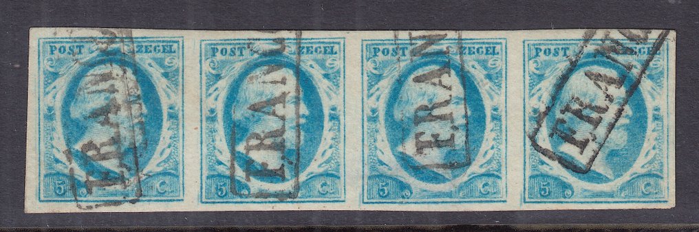 Netherlands 1852 - King Willem III, in a beautiful bordered strip of four. - NVPH 1 #1.0
