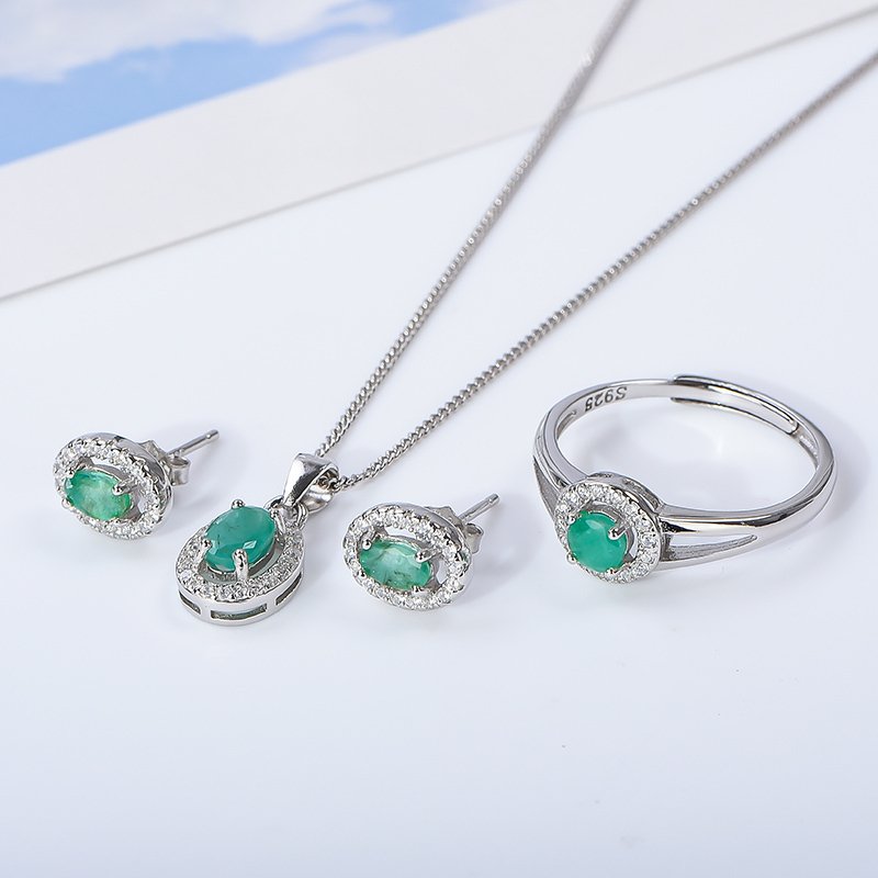 Sem preço de reserva - Conjunto de 3 peças de joalharia - 18 K Prata, Ouro branco -  1.40ct. tw. Esmeralda #1.0