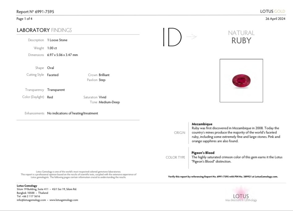 1 pcs 红色 红宝石 - 1.00 ct - 莲花宝石实验室 - 鸽血未处理 #4.3