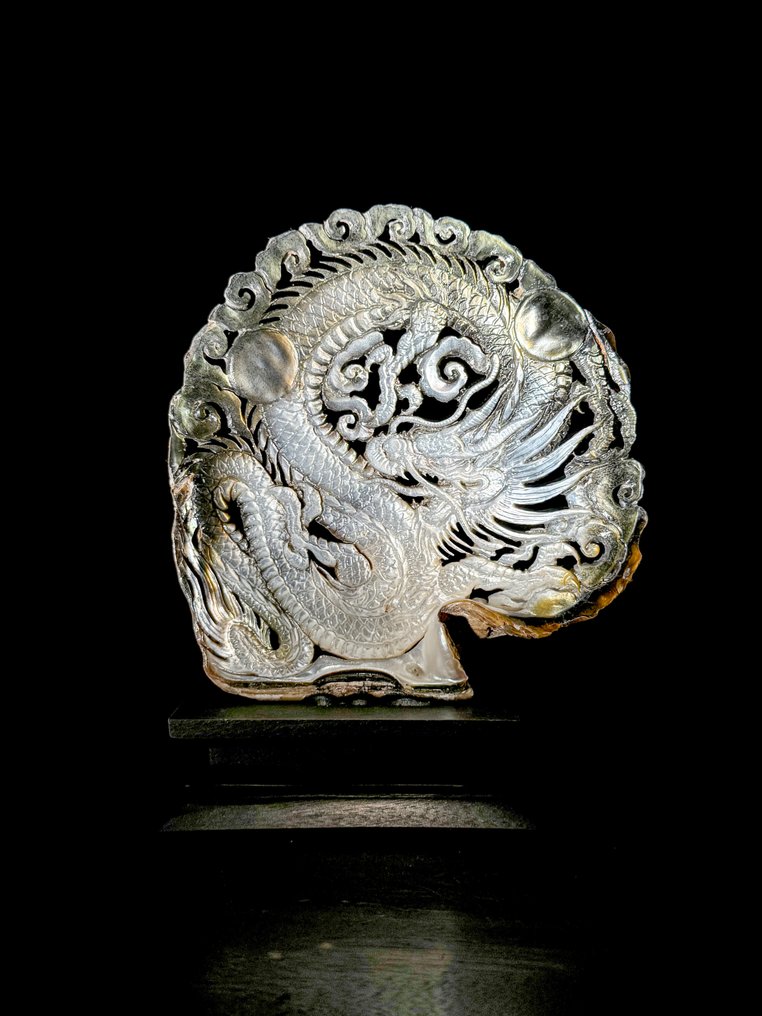 精美雕刻的珍珠母放置在定制底座上，饰有龙纹图案。 貝殼 - Pinctada Maxima  (沒有保留價) #1.0