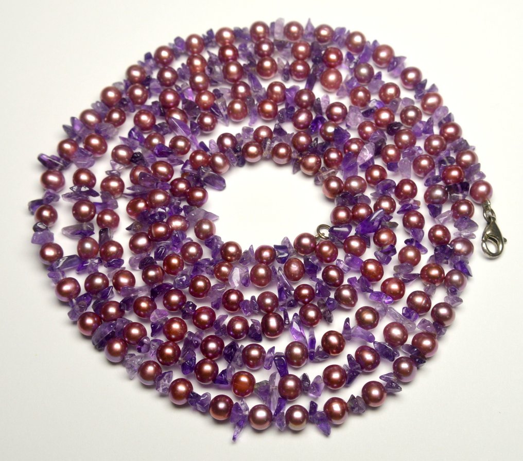 Μαργαριτάρι - Ασήμι 925 - Καλλιεργημένοι Μαργαρίτες (Λιλά Μωβ) - Κολιέ - Πολύ μεγάλο 148 εκ #1.0