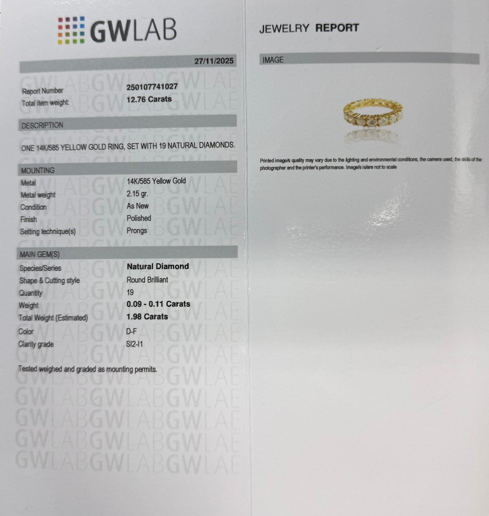 Sem preço de reserva - Anel - 14 K Ouro amarelo -  1.98ct. tw. Diamante (Natural) - Cor D-F, SI2-I1, clary #2.1