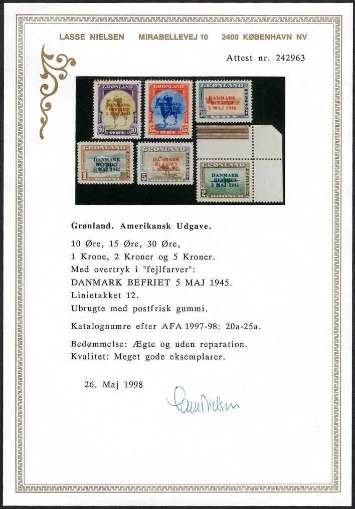 Groenlandia 1945 - Errore di colori di American Liberation - Certificato Nielsen - AFA 20a/25a #1.0