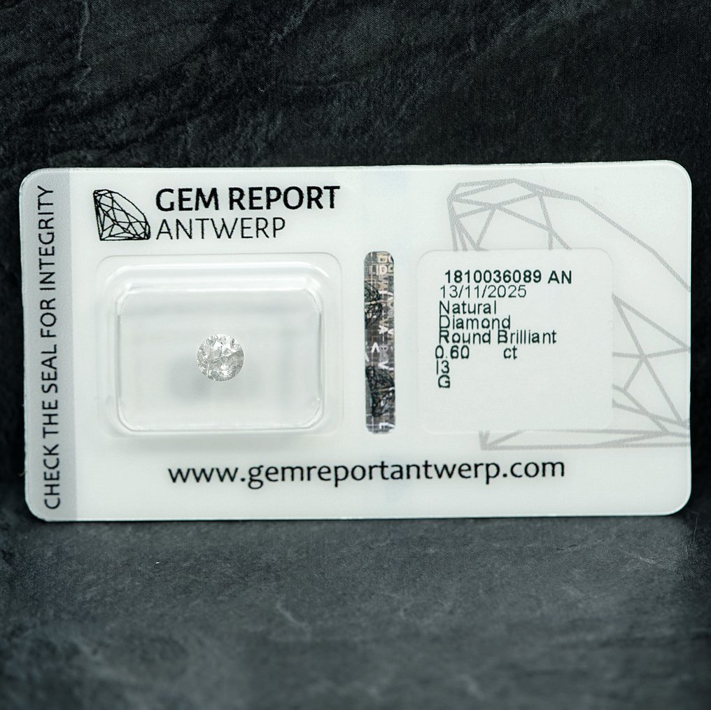 Nincs minimálár - 1 pcs Gyémánt (Természetes) - 0.60 ct - Kerek - G - I3 - Gem Report Antwerpen (GRA) #1.0