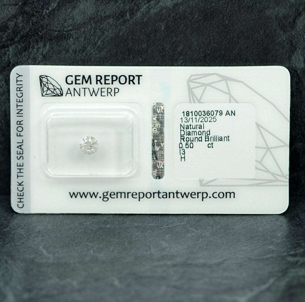 No reserve price - 1 pcs Diamond  (Natural)  - 0.50 ct - Round - H - I3 - Gem Report Antwerp (GRA) #1.0