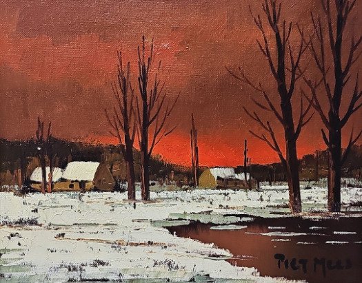 Piet Mees (XX) - Wintergloed in sneeuwlandschap. #1.0