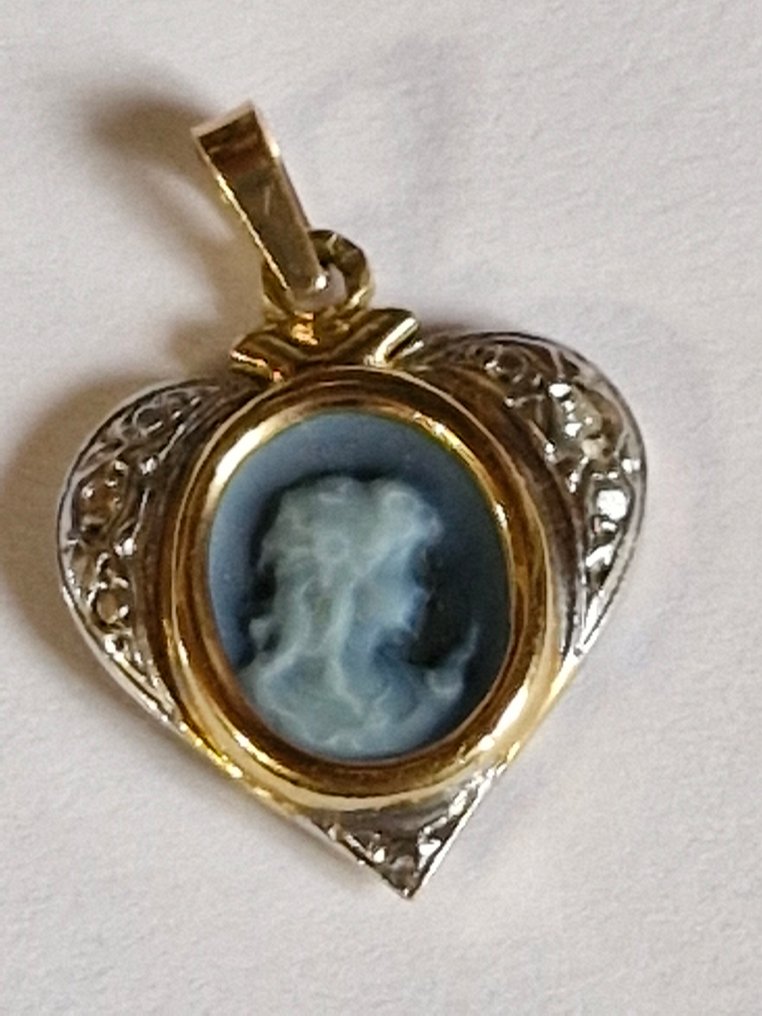 Sans prix de réserve - Camée - 18 carats Or jaune, Or blanc Diamant (Naturelle) - Camée sur agate (bleu) #1.0
