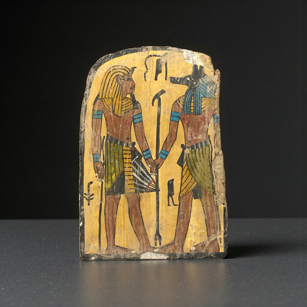 Αντίγραφο της αρχαίας αιγυπτιακής Ξύλινο πάνελ απεικονίζοντας τον θεό Anubis και τον βασιλιά Ramses I.  (χωρίς τιμή ασφαλείας) #1.0