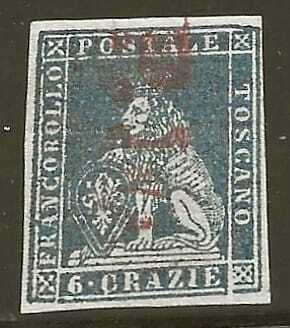 A.S.I. Toscana 6cr 1851 - Bollo P.D. Rosso Raro. Υπογραφή Sorani. Αρχαία Κράτη της Τοσκάνης. Marzocco με Στέμμα στο Κεφάλι, 6 - Sassone n.7 Toscana #1.0