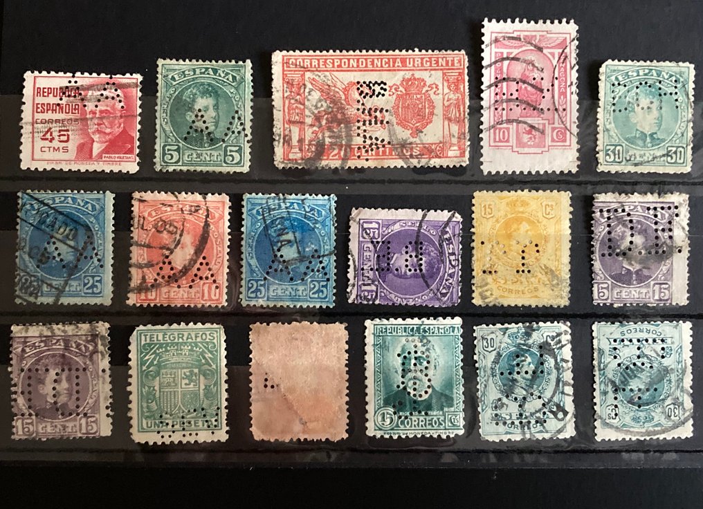 Ισπανία 1889/1939 - Τρυπημένα, perfin. Συλλογή γραμματοσήμων από την εποχή του Αλφόνσο ΧΙΙΙ - Δημοκρατία - Φρανκο. #2.1