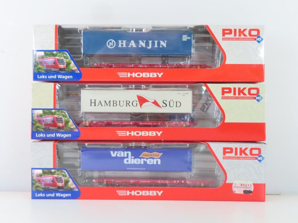 Piko H0 - 95613/95658/95614 - Modelltog godsvogn (3) - 3 stk 2-akslede containerdraagere med trykkene 'HANJIN', 'Hamburg Sud' og 'Van Dieren'. - NS #3.2