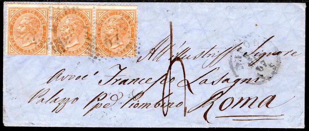 義大利王國 1865 - 两封精彩的已付邮资信件，包含多个10分邮票的样本——一封来自都灵的版本，另一封未说明。 - Sassone n. L17 + T17 #3.2