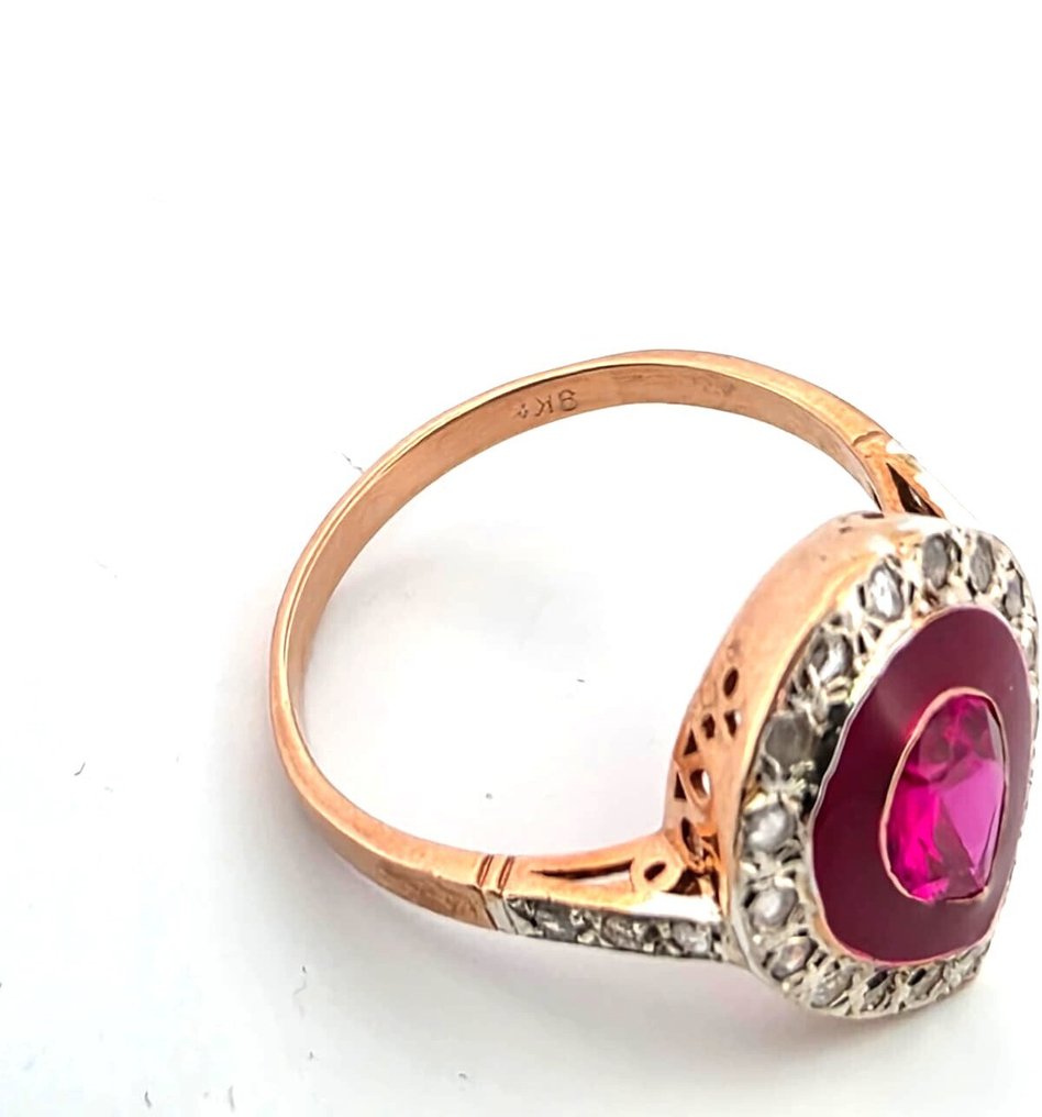 Fără preț de rezervă - Inel - 9 kt. Aur roz, Argint Rubin - Diamant #1.0