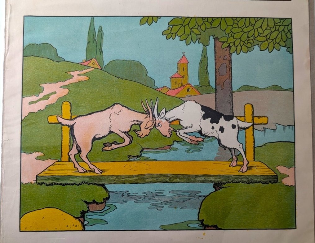 Rabier - Affiche lithographiée pour les écoles - Les deux chèvres - Les fables de La Fontaine - 1 manifesto scolastico 1915 - Prima edizione - 1915 #2.1