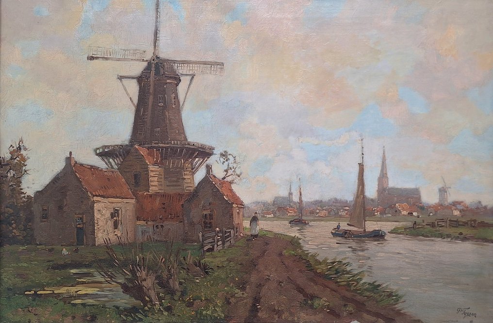 P Tijssen / H. Welther (1885-1947) - *NO RESERVE**Riviergezicht met molen en stad #1.0