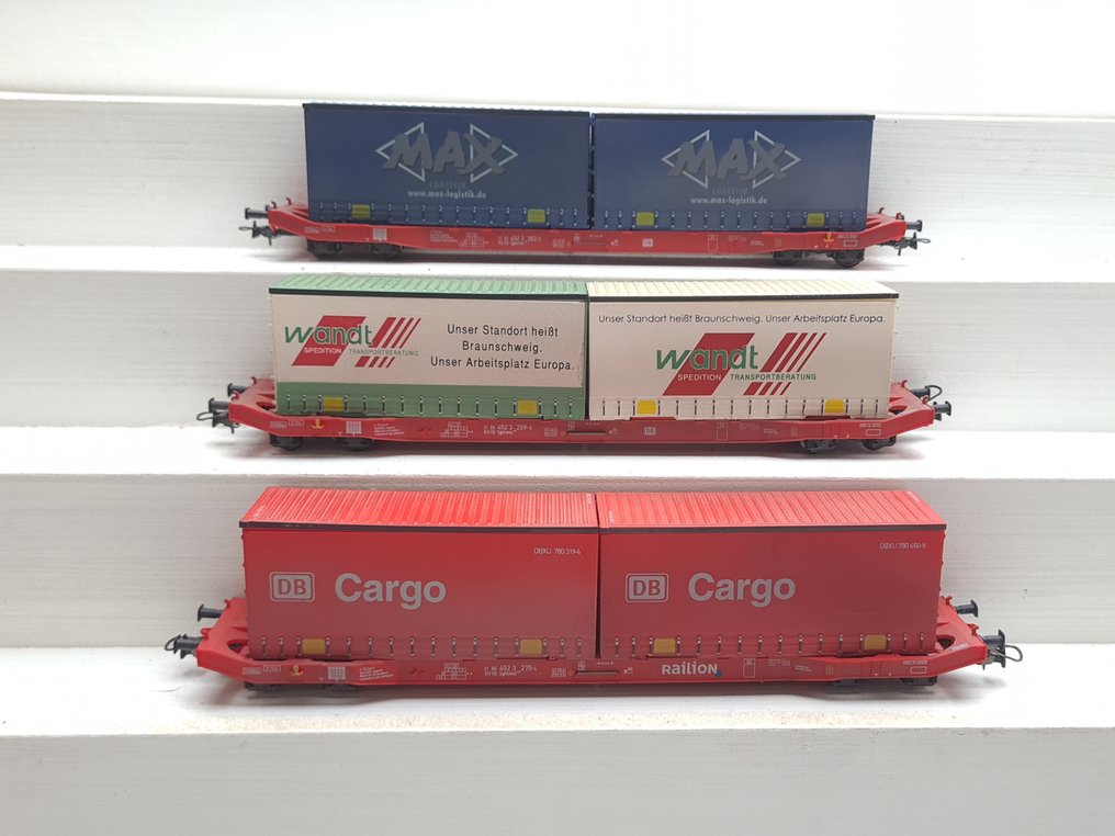 Mehano H0 - 58812/58813/18506 - Wagon de marchandises pour trains miniatures (3) - 3 chariots de transport pour conteneurs - DB #1.0